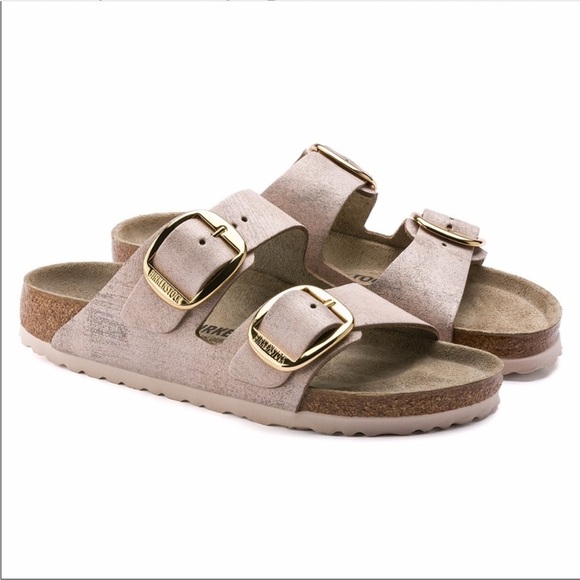 Birkenstock Arizona Washed Metallic Rose Gold Big Buckle Double Strap Sandals - Picture 1 of 16